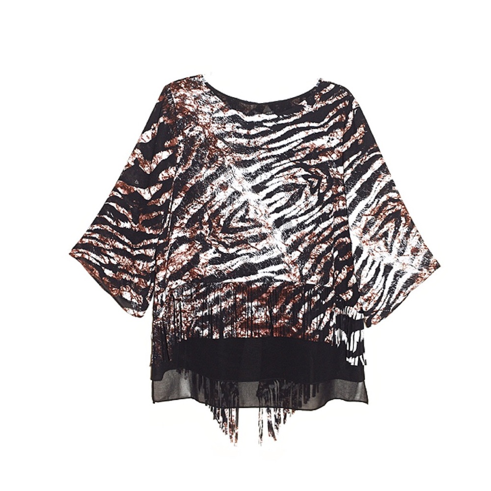Alberto Makali Zebra Print Fringe Sequin Blouse
